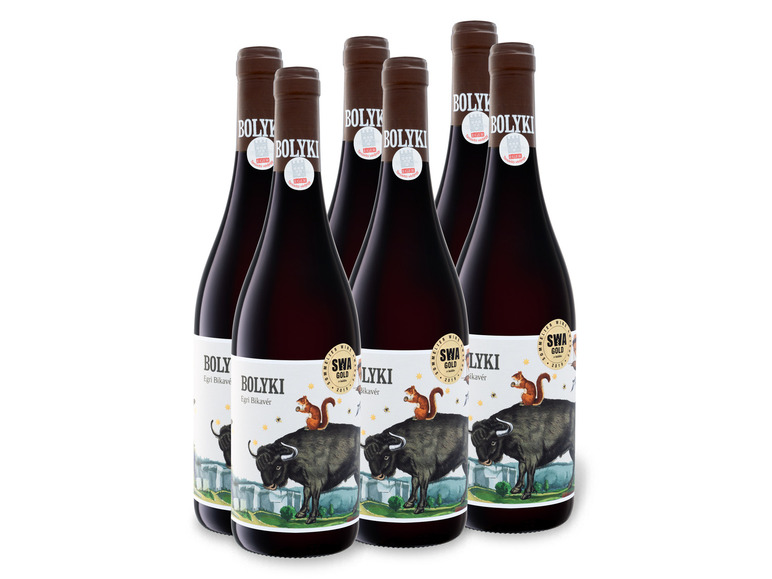 Sechs Flaschen Egri Bikavér Wein der Marke Bolyki, ausgezeichnet mit einer Goldmedaille.