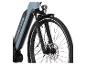 E-Bike mit hellblauem Rahmen, Federgabel und Vorderrad mit Scheibenbremse.