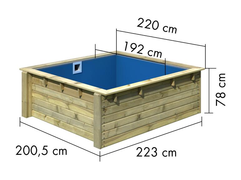 Quadratischer Holzpool mit blauer Auskleidung, Außenmaße 223x200,5x78 cm und Innenmaße 220x192 cm.