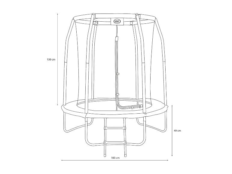 Rundes Trampolin mit Sicherheitsnetz und Leiter, 183 cm breit und 150 cm hoch.
