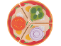 Holzspielzeugpizza mit Tomate, Paprika und Zwiebel