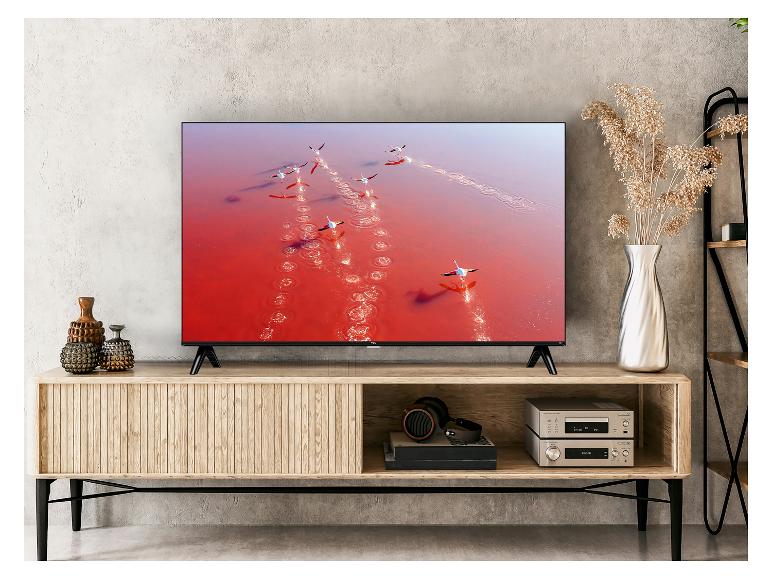 Fernseher auf einem Holz-TV-Möbel mit Dekorationen und Audiosystem.