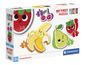 Vier Puzzles mit Bildern von einer Banane, einer Erdbeere, einer Birne und einer Kirsche von Clementoni.