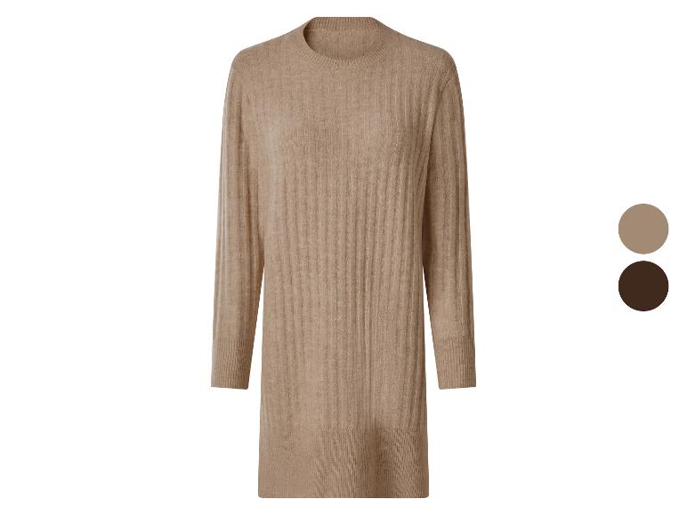 Beiges langärmeliges Strickkleid mit Rippmuster, mit Farbpalette.