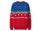 Weihnachtspullover mit blauen und roten Abschnitten, verziert mit Schneeflocken, Bäumen und Zickzackmustern.