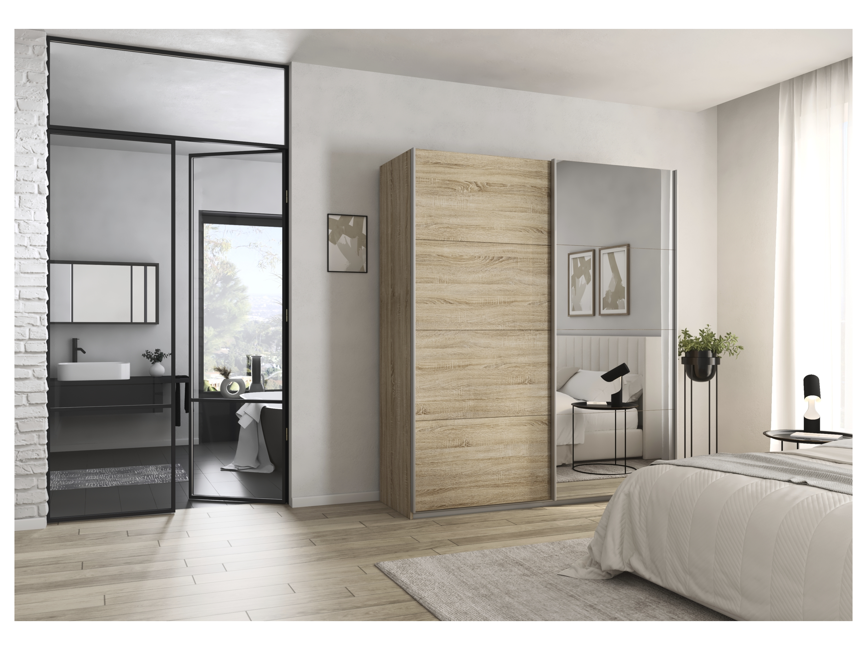 RAUCH ORANGE Quadra Schwebetürenschrank mit Spiegelelementen (Premium-Zubehör, Korpus: Eiche, 181 x 210 cm) – Bild 2 von 4