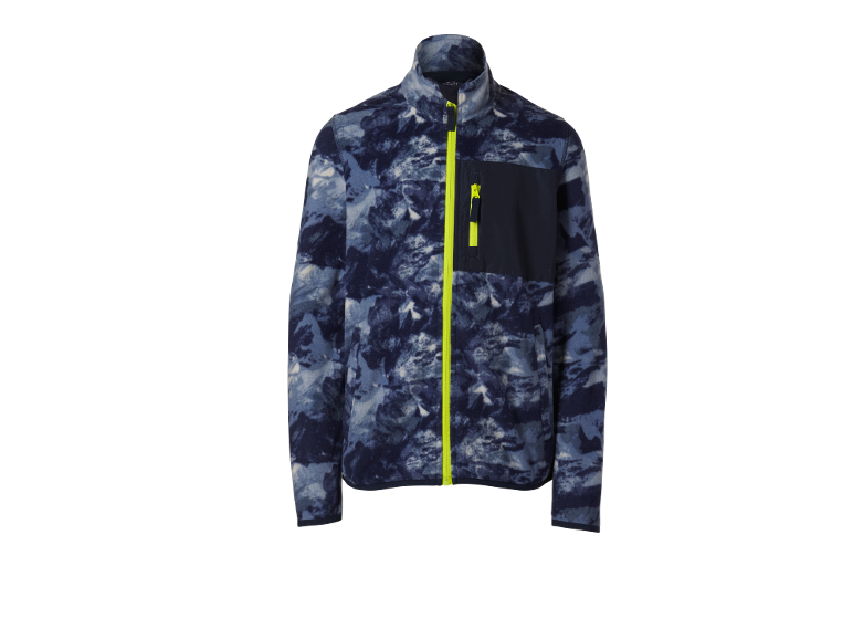 Fleecejacke mit blauem Camouflage-Muster, Reißverschluss und neongelber Brusttasche.
