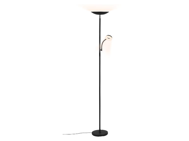 Schwarze Stehlampe mit Hauptlicht und flexibler Leselampe.