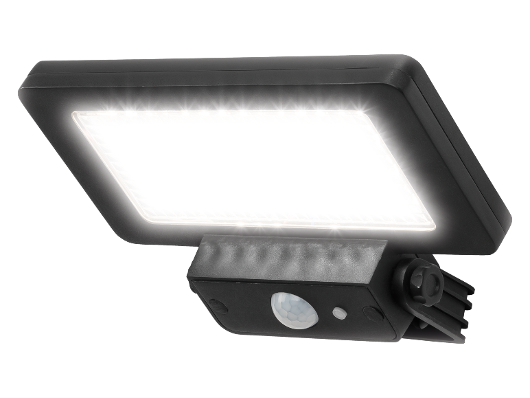 Leuchtender LED-Außenstrahler mit Bewegungsmelder.