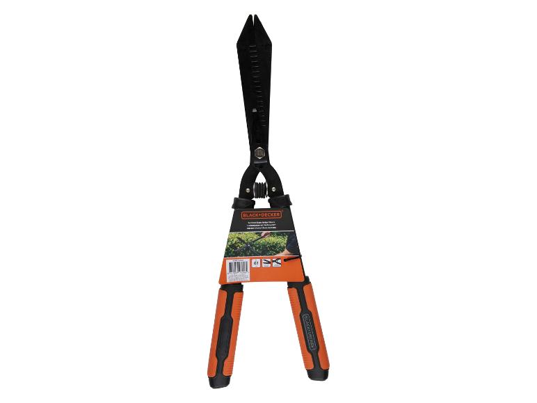 Gartenschere mit gezackter Klinge für Hecken, mit orangefarbenen Griffen.