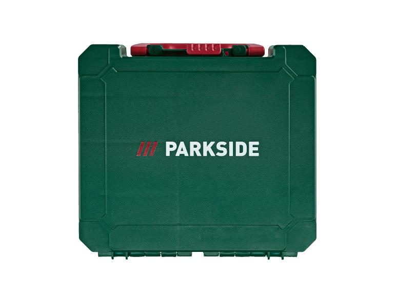 Grüner Parkside Werkzeugkoffer mit rotem Verschluss.