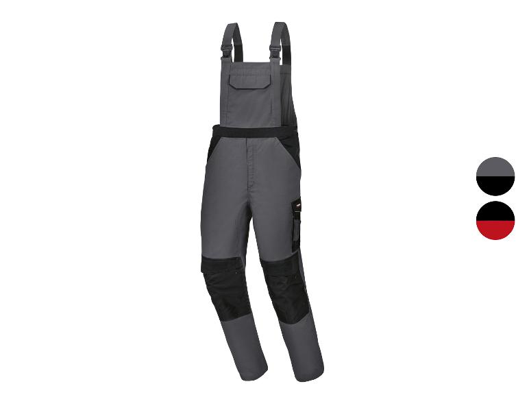 Graue und schwarze Arbeitslatzhose mit verstellbaren Trägern und Taschen, erhältlich in zwei Farbkombinationen.