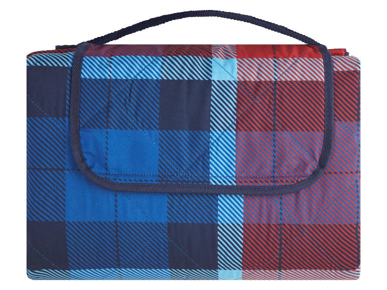 Blau-rote karierte Picknickdecke mit Tragegriff.