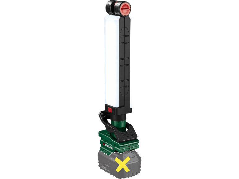 Kabellose LED-Arbeitsleuchte mit abnehmbarem Akku (mit X markiert).