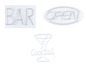 Neon-Schilder mit den Worten 'Bar', 'Geöffnet' und einem Cocktailglas.