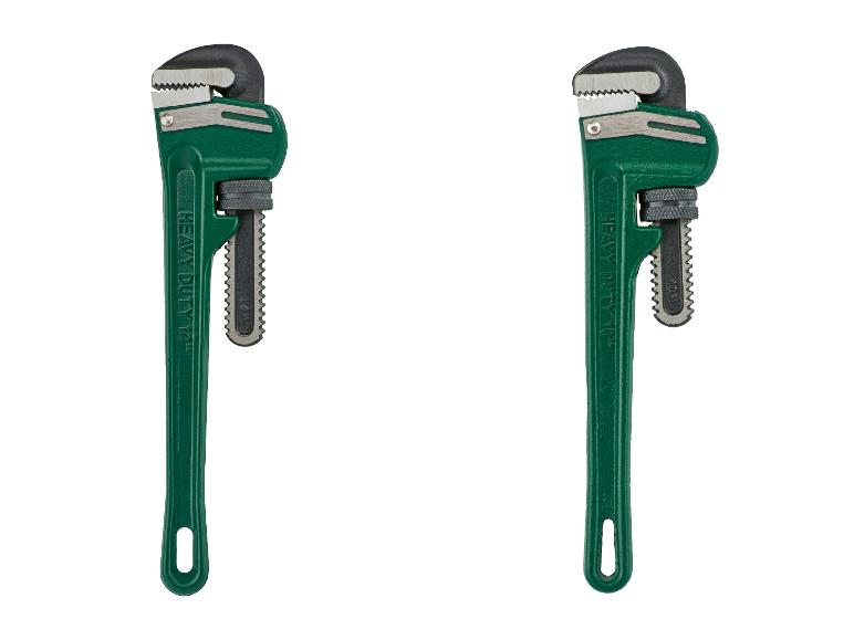 Zwei grüne Rohrzangen mit der Aufschrift „HEAVY DUTY 14“ und „HEAVY DUTY 10“.