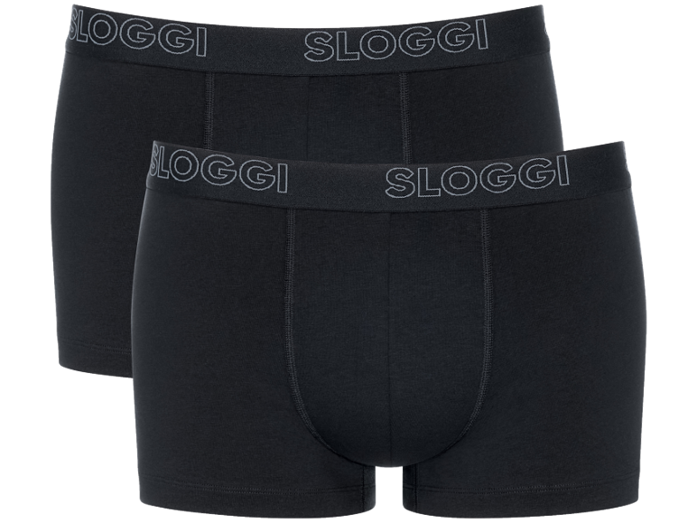 Zwei schwarze Boxershorts mit elastischem Bund und Markenlogo.