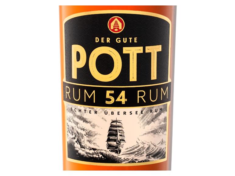 Orangefarbenes Flaschenetikett mit der Aufschrift „RUM 54 RUM“ und einem Segelschiff auf stürmischer See.