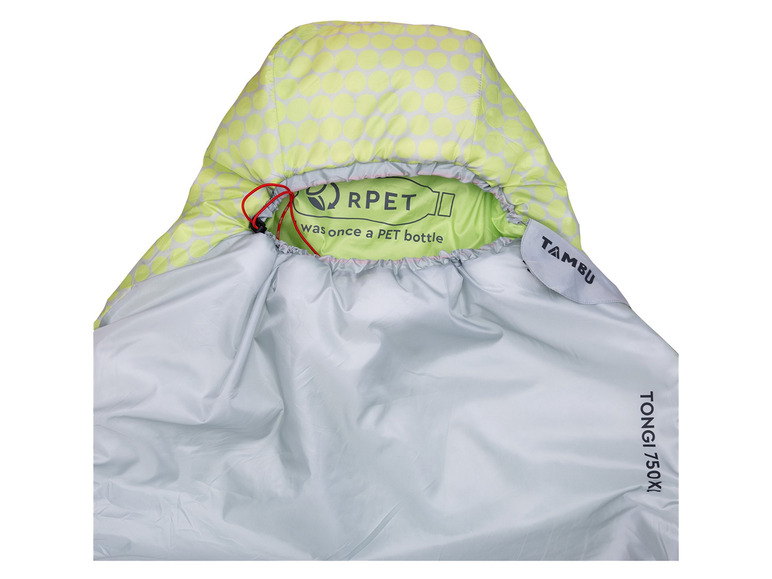 Ein grüner Schlafsack mit Kapuze und dem Label 'Tambu Tongi 750X'.
