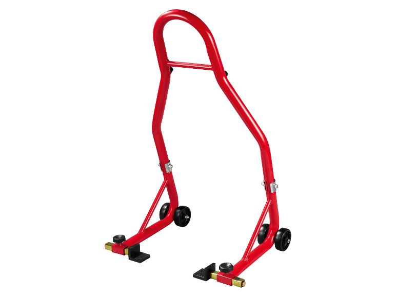 Roter Motorrad-Hinterradständer mit Rollen