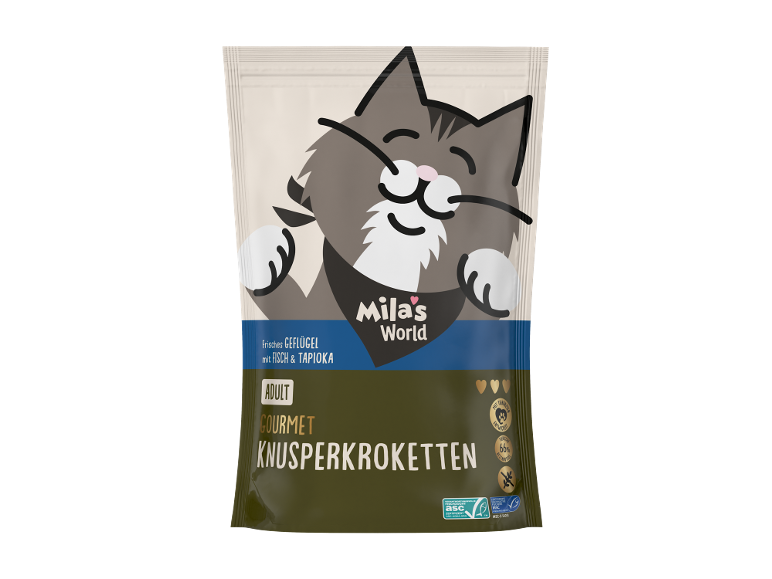 Katzenfutterbeutel mit Katzenillustration, frischem Geflügel, Fisch und Tapioka für erwachsene Katzen.