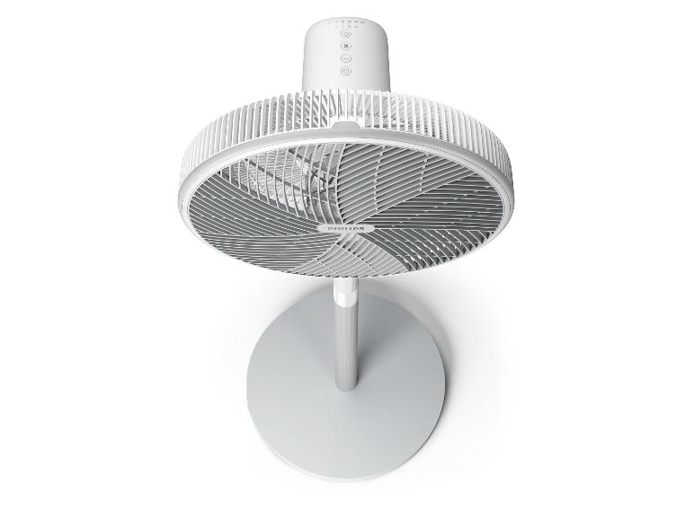 Draufsicht auf einen weißen Philips Standventilator mit rundem Sockel und Bedienfeld