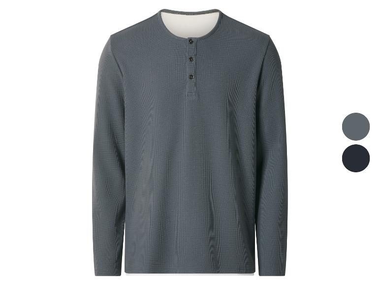 Graues Herren-Henley-Shirt mit langen Ärmeln und Waffelstruktur, in zwei Farbtönen erhältlich.