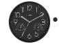 Schwarze Wanduhr mit integriertem Thermometer und Hygrometer, große weiße Ziffern.