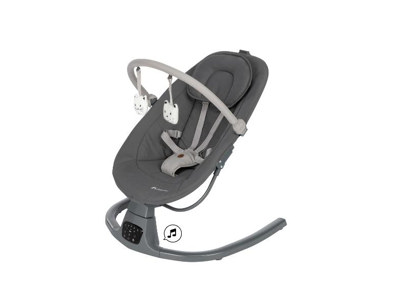 Graue Babywippe mit Spielbogen und Bedienfeld mit Musiknoten-Symbol.