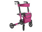 Ein rosa Rollator mit Sitz und Tasche.