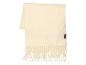 Ein cremefarbener Schal mit Fransen und einem kleinen schwarzen Etikett.