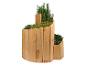 Dreistöckiges Kräuterbeet aus Holz mit Rosmarin, Thymian und rosa Blüten.