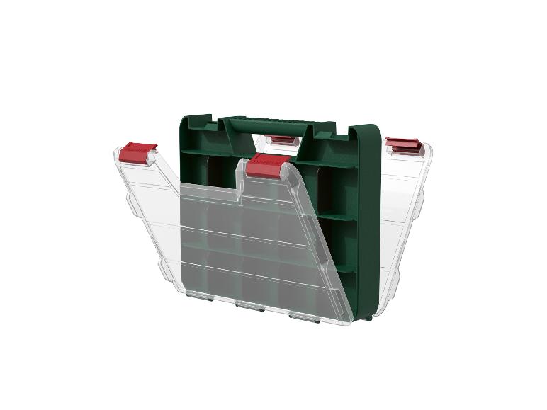 Offene grüne und transparente Kunststoff-Organizer-Box mit roten Verschlüssen