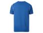 Blaues kurzärmeliges Sport-T-Shirt mit weißen Streifen an den Schultern, Rückansicht.