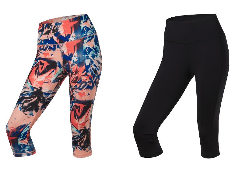 Zwei Damen-Sportleggings: eine mit Blumenmuster und eine schwarze.