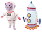 Plüschtiere: Astronautenkatze und Rakete.