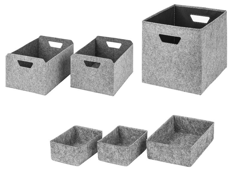Graue Filz-Aufbewahrungsboxen und -körbe in verschiedenen Größen für die Heimorganisation.