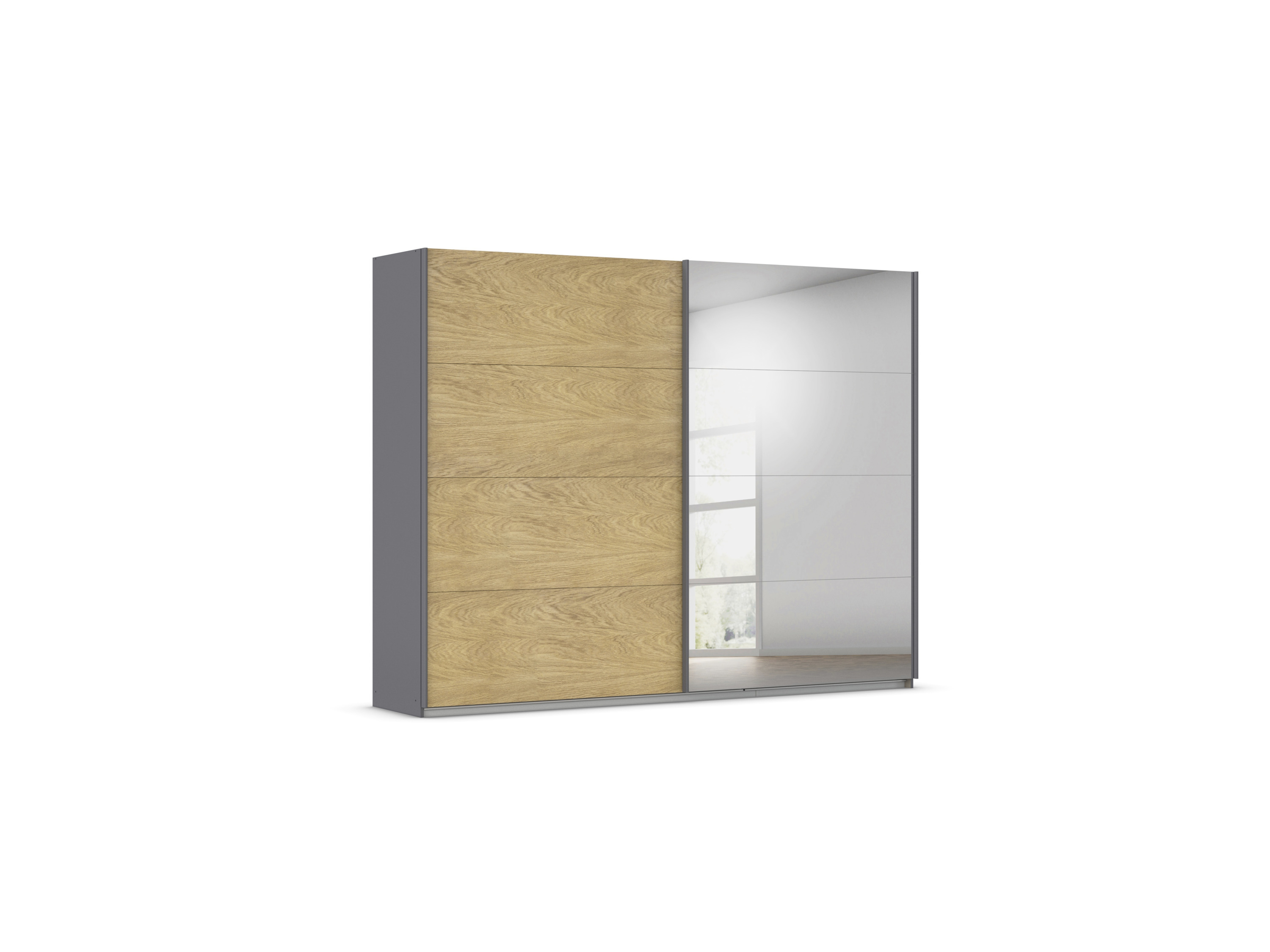 RAUCH ORANGE Malva-Extra Schwebetürenschrank (mit Spiegel, Eiche Furnier/Graumetallic, Breite 271 cm / Höhe 210 cm)