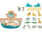 Ein Holzspielzeug Arche Noah mit Tierfiguren und Charakteren.
