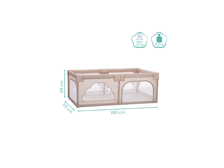 Beiges Laufgitter für Kinder, 180x115x68 cm, max. 22 kg, Gewicht 8,5 kg.