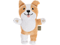 Corgi-Hundestofftier mit herausgestreckter Zunge und gestickten Pfoten, mit grünem Etikett.