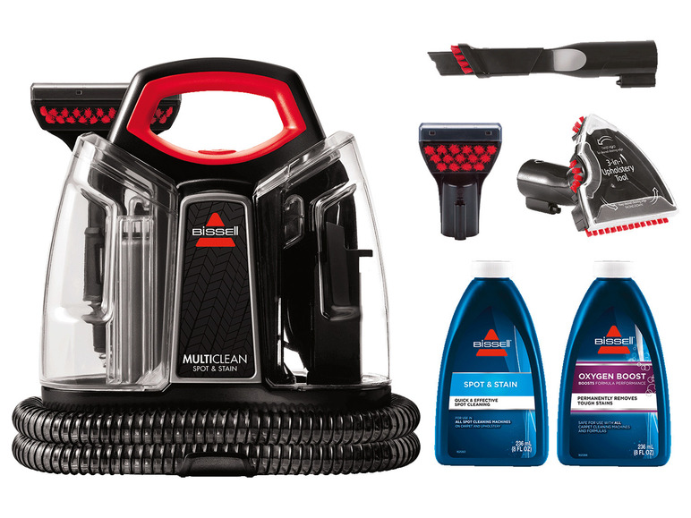 Bissell MultiClean Spot & Stain Teppichreiniger mit Zubehör und Flüssigkeiten.