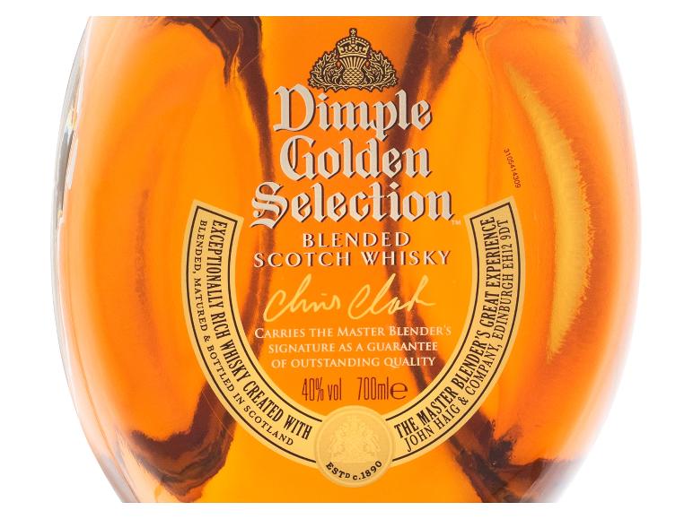 Dimple Golden Selection Blended Scotch Whisky Flasche mit Etikettendetails