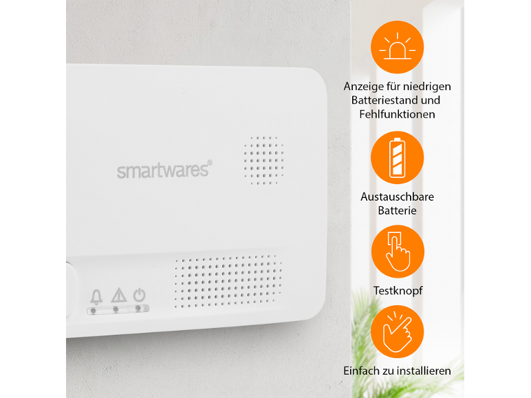Weißer Rauchmelder mit LED-Anzeigen und Text zu Funktionen: niedriger Batteriestand, austauschbare Batterie, Testknopf, einfache Installation.
