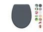 Eine dunkelblaue Toilettensitz mit verschiedenen Farbproben.
