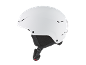 Weißer Skihelm mit Lüftungsschlitzen und verstellbarem Riemen.
