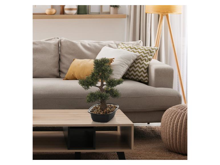 Künstlicher Bonsai auf einem Holztisch im Wohnzimmer mit beigem Sofa.