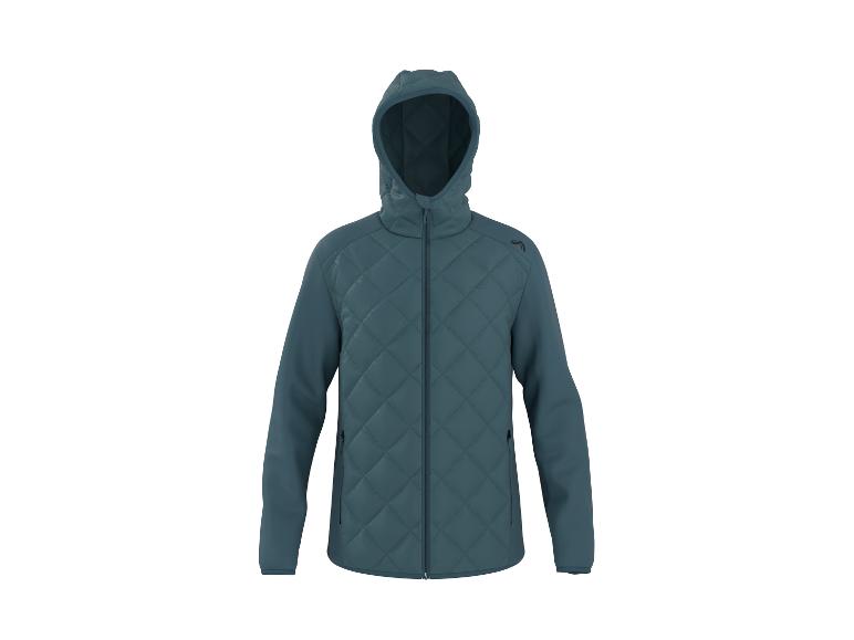 Türkisfarbene Steppjacke mit Kapuze, glatten Ärmeln und kleinem Logo auf der Schulter.