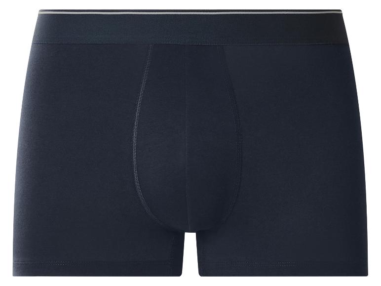 Dunkelblaue Herren-Boxershorts mit grauem gestreiften Bund.