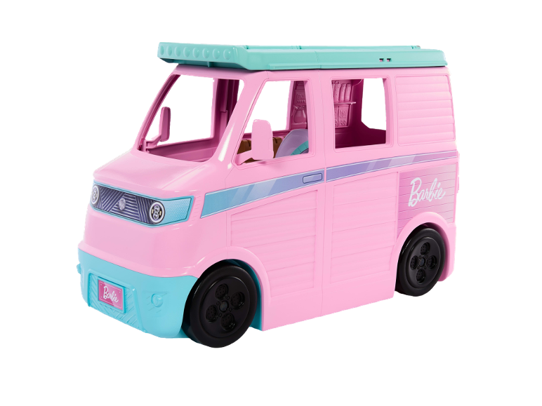 Rosa und hellblauer Spielzeug-Camper für Puppen mit Logo auf der Seite.